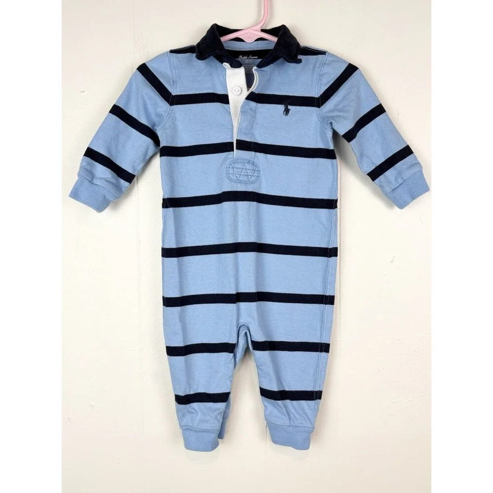 Ralph Lauren Baby Boys 6 Months Coverall One Piece Blue Striped Collared Preppy